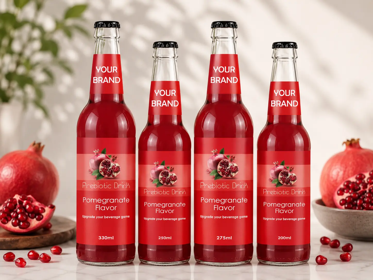 PREBIOTIC DRINK Pomegranate Flavor 330ml, 250ml, 275ml and 200ml glass bottles.
